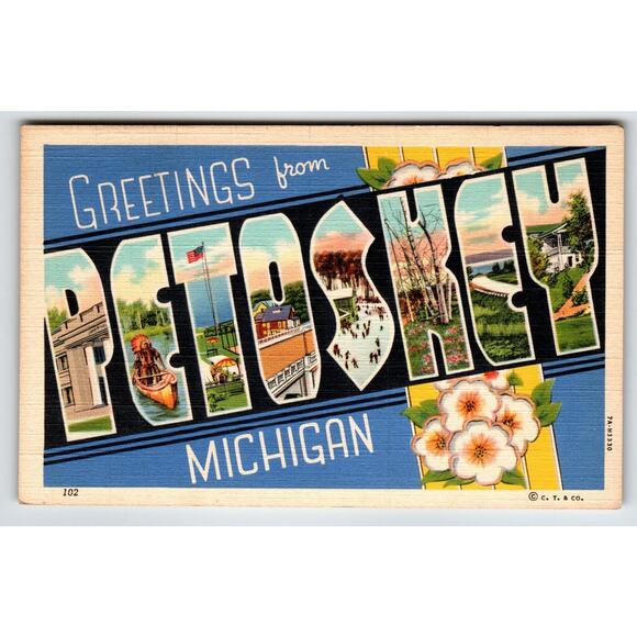 Greetings From Petoskey Michigan Large Letter Postcard Linen Unused Curt Teich - Picture 1 of 2